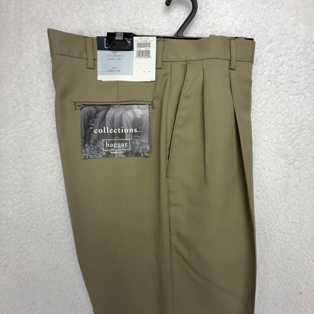 Haggar Collections Gab Classic American Fit Pleated Cuffed Pants Taupe 32x32 NWT